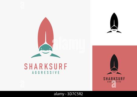 Surfbrett und Hai zum Surfen Logo-Symbol-Design Stock Vektor