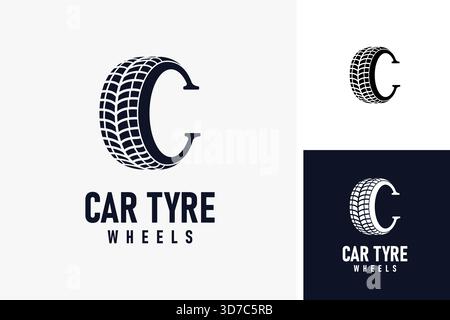 Schriftzug „C“ in Autoreifenlogos mit Symbol Stock Vektor