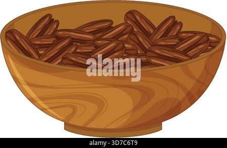 Flat vector illustration of whole pecan nuts in a wooden bowl with warm brown tones. Stock Vektor