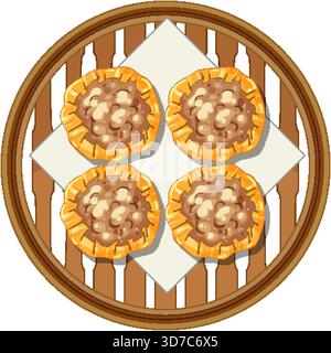 Vektor-Illustration von vier gedämpften Knödeln im Bambusdampfer, flache Art, helle Farben Stock Vektor