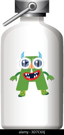 Weiße Wasserflasche aus Metall mit farbenfroher, verspielter Zeichentrickmonsterillustration im flachen Vektor-Stil Stock Vektor
