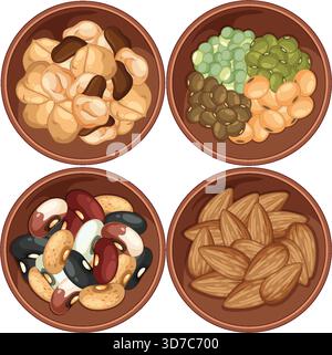 Top-down vector illustration of four ceramic bowls with assorted beans and nuts, earthy color palette. Stock Vektor