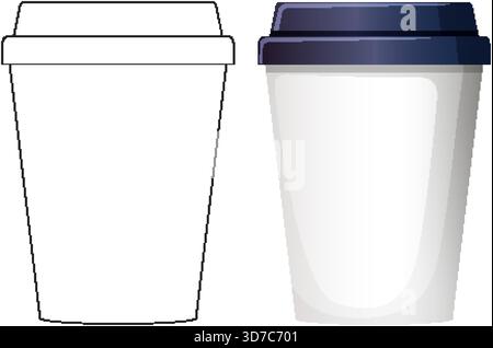 Minimalistische Vektor-Kaffeetasse mit blauem Deckel, nebeneinander umrissene und farbige Versionen, isolierter Hintergrund Stock Vektor
