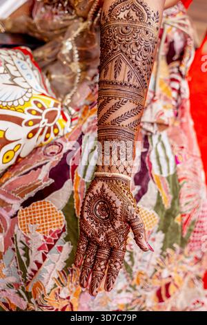 Kompliziertes Henna-Tattoo-Design an Arm und Hand einer Frau Stockfoto
