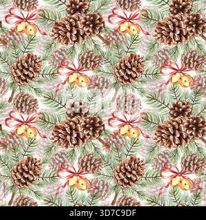Tannenzweige in Aquarellfarben mit Kegeln und runden Glockenmustern für weihnachtliches Design. Handgezeichnete Illustration mit Fichtenzweig für den Winterurlaub Stockfoto