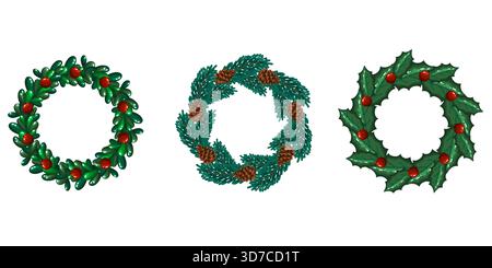 Ein schönes Vektorset aus drei klassischen Weihnachtskränzen mit üppigem grünem Laub, Tannenzapfen, roten Beeren und stechpalmenblättern. Perfekt für saisonale Brandin Stock Vektor