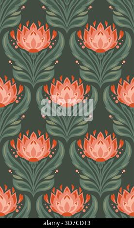 Vektor Vintage nahtloses Blumenmuster mit stilisierten Lotusblüten auf dunkelgrünem Hintergrund. Textur im Volkskunststil mit Blumenmuster. Perfekt für Textildesign Stock Vektor