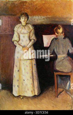 Edvard Munch - Ragnhild und Dagny Juel (auch bekannt als die beiden Schwestern, Ragnhild und Dagny Juel) - 1893 - es ist ein Doppelporträt der beiden Schwestern, die Freunde von Munch waren. Ragnhild, die stehende Frau, wurde Opernsängerin, während Dagny, die am Klavier saß, eine versierte Pianistin war. Die Szene fängt einen intimen Moment ein, in dem die stehende Schwester singt, während die sitzende Schwester sie auf dem Klavier begleitet. Stockfoto
