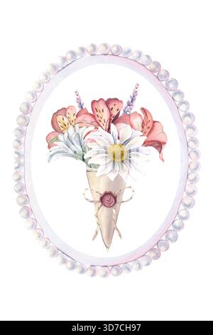 Perlenrahmen, Blumenstrauß, Lavendel, Chrysanthemen, Alstroemeria. Handgemalte Aquarellillustration isoliert auf weiß zum Drucken auf Poster, Textil Stockfoto
