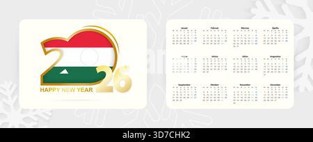 Horizontaler Taschenkalender 2026 in ungarischer Sprache. Silvester 2026 Ikone mit Flagge Ungarns. Vektorkalender. Stock Vektor