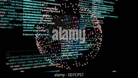 Rotierender, stilisierter 3D-Globus, der auf dunklem Bildschirm leuchtet und Code, farbige Datenpunkte und Drahtdarstellung anzeigt Stockfoto