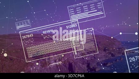 Anzeige von AR HUD-Panels, die in der Abenddämmerung über den Küstenklippen liegen, mit Tastaturraster und ID-Codes Stockfoto