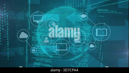 Anzeigen der Symbole für den zentralen gepunkteten Globus und der verbundenen Knoten im 3D-Dashboard mit Anzeige von Code-Streams. Netzwerk, Schnittstelle, Raster, Infografik, futuristisch, cyb Stockfoto