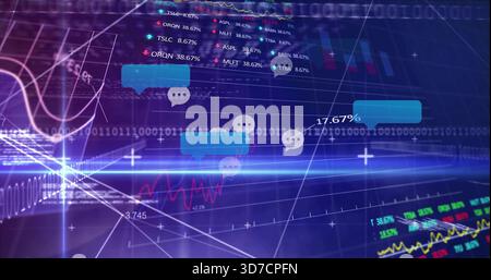 Anzeige türkisfarbener Chat-Blasen mit Auslassungszeichen auf dem Handels-Dashboard, Anzeige von Prozent und Tickern Stockfoto