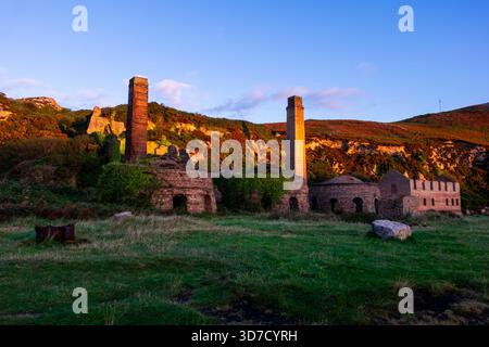 Bienenöfen und gemauerter Kamin bei Porth Wen im warmen Morgenlicht Stockfoto