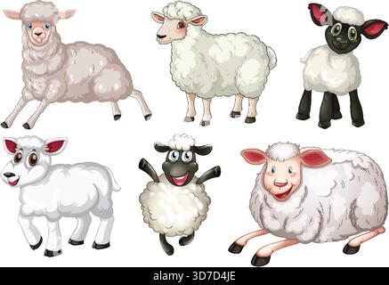 Sechs Zeichentrickschafe und Lämmer mit ausdrucksstarken Gesichtern, flauschiger Wolle und verspielten, fröhlichen Posen Stock Vektor