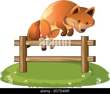Cartoon Rotfuchs springt über Holzzaun auf grasbewachsenem Patch, helle Farben, Vektor-Illustration Stock Vektor
