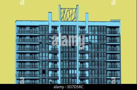 Stilvolle Halbtonkunstwerke eines modernen Apartments mit Balkonen und Fenstern, in Blautönen vor gelbem Hintergrund. Das Bild hat einen Stockfoto
