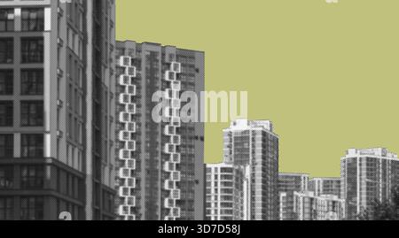 Stilisierter Blick auf Wohnhochhäuser mit geometrischen Fassaden, im Rastereffekt vor gedämpftem grünem Hintergrund. Die cu Stockfoto