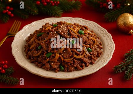 Koreanisches Bulgogi-Rindfleisch mit Nudeln auf festlichem Tisch Stockfoto