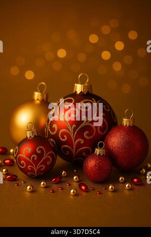 Rote und goldene Weihnachtskugeln mit warmem Bokeh-Hintergrund Stockfoto