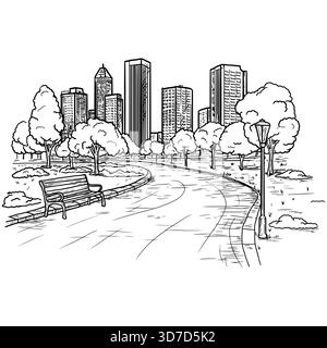 Silhouette einer Megalopolis-Stadt am Horizont und Straße, Bäume und Gras. Vektorabbildung. Ein Stadtpark mit Windlichtern und Bänken, Rasen und Blumenbeet, Stock Vektor