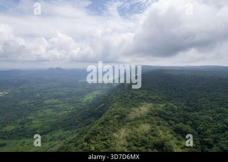 Aus der Vogelperspektive auf eine riesige Weite von dichtem grünen Wald, der den Horizont unter einem Himmel voller wehender weißer Wolken trifft, Landschaft, Erin Ijesa, Osun St. Stockfoto
