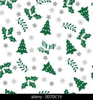 Nahtloses grünes Muster mit einem Weihnachts- und Winterferienthema, auf weißem Hintergrund, Illustration, Vektor, EPS 10 Stockfoto
