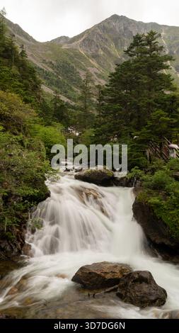 Eine Langzeitaufnahme eines Gebirgsbaches, der über Felsbrocken in den Wäldern oberhalb von Kangding, westlich von Sichuan, kaskadiert. Stockfoto