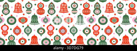 Nahtloses Weihnachtsvektor-Muster, rote, grüne und rosafarbene Retro-Ornamente - Kugeln, Kugeln und Glocken für Feiertagshintergründe und Einladungen Stock Vektor