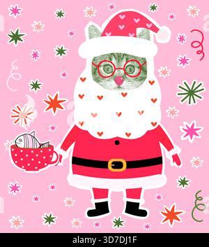 Lustige Santa Claus Vektor Katze Collage mit niedlichem Kätzchen mit Bart mit Herzen und Weihnachtsmann Hut, Weihnachtsillustration Collage Grußkarte, Banner Stock Vektor