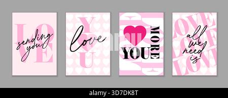 Love, Be My Valentine Cover mit Kunsttypografie. Liebe dich, liebe dich mehr, ich brauche dich Liebe - kreative Valentinstag-Banner. Vektor Stock Vektor