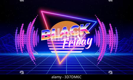 Black friday Retro-Banner mit futuristischem Neon-Angebot. 80er-Jahre-Stil, Neonfarben. Verkaufsposter, Promotion, Rabatt. Strahlendes Dreieck, Lasergitter, Drahtmodell Stock Vektor