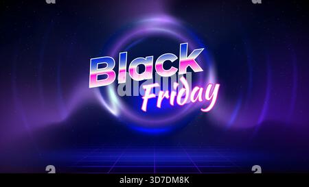 Black friday Angebot Banner, Neonfarbe. Verkaufsposter, Werbeaktion. Tisch, Lasergitter, kreisförmiger Lichtrahmen, Drahtdarstellung, dunkelblauer Hintergrund. Black friday Stock Vektor