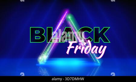 Black friday Neon-Angebotsposter. Sonderangebot. Dreieckiger Neonrahmen. Blauer Hintergrund der Bühne. Black friday Konzept, Werbung. Verkauf, Promotion Stock Vektor