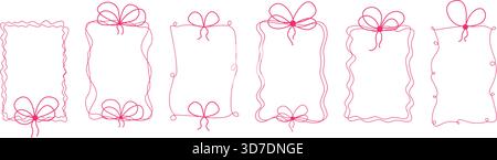 Handgezeichnete, skurrile Rahmen mit Schleifen. Einfache Flirty-Borten mit gebundenen Bändern. Vintage-Rahmen für Valentinstag, Hochzeiten oder Geburtstage. Vektor Stock Vektor