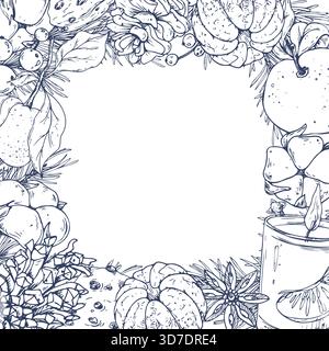 Ein Weihnachtskranz mit Tannenzweigen, Tannenzapfen, Mandarinen, Zuckerwatte, Keksen, Kerze und Beeren. Eine handgezeichnete Strichdarstellung. Quadrat Stock Vektor