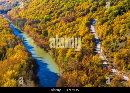 Aus der Vogelperspektive des Venezikos River, der sich durch den lebhaften Herbstwald in Westmakedonien, Griechenland, mit einer parallelen Straße, die in das natürliche Land mündet Stockfoto