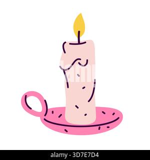 Glühkerze oder klassischer Vektor-Docht mit Flamme. Dekorative Innenbeleuchtung in flacher Zeichentrickserie oder traditionelles Kerzenlicht am Abend. Beleuchtung für spirituelle Zeremonie. Wachsdekor mit Kamin. Feuer in der Nacht. Stock Vektor