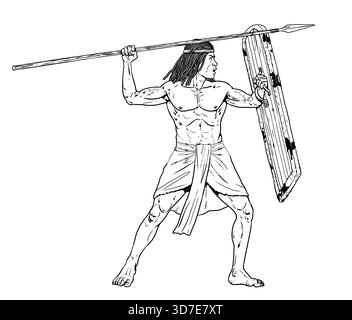 Alte nubische Krieger im Kampf. Historische Zeichnung. Stockfoto
