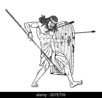 Alte nubische Krieger im Kampf. Historische Zeichnung. Stockfoto