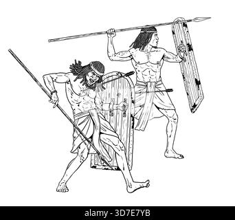 Alte nubische Krieger im Kampf. Historische Zeichnung. Stockfoto