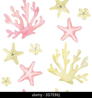 Große rosa und gelbe Korallen mit weichen Seesternen schaffen diese Aquarellillustration und handgezeichnetes nahtloses Muster, ideal für Küstentextilien, Kinderzimmerdekor, Produktverpackung Stockfoto
