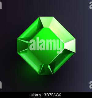 Leuchtend grüner Edelstein im Smaragdschliff. Ein wunderschönes Schmuckstück mit Facetten auf dunklem Hintergrund. Vektorabbildung. Stock Vektor