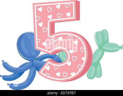 Eine rosa und blaue Nummer 5 mit Herzen drauf. Es gibt auch einen grünen Ballonhund und einen blauen Oktopus Stock Vektor
