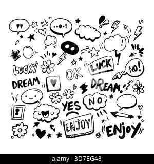 Eine skurrile Collage mit handgezeichneten Elementen und motivierenden Wörtern im Schwarz-weiß-Stil Stock Vektor