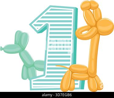 Eine Nummer 1 ist von Ballons und einer Giraffe umgeben. Die Ballons sind grün und gelb Stock Vektor