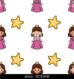 Nahtloses Vektormuster mit niedlichen Zeichentrickprinzessinnen in rosa Kleidern und goldenen Sternen auf einem weißen Hintergrund. Stock Vektor