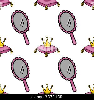 Bezauberndes nahtloses Vektor-Muster mit goldener Krone auf einem rosafarbenen Samtkissen und einem dekorativen Handspiegel, perfekt für Prinzessinnen-Designs. Stock Vektor