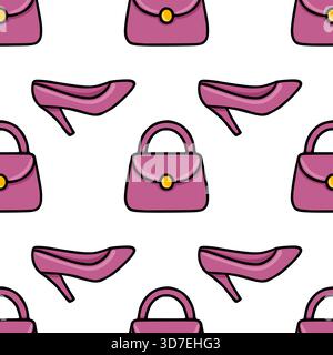 Nahtloses Vektormuster aus bezaubernden rosa Handtaschen und eleganten Schuhen mit hohem Absatz, die einen stilvollen und femininen Hintergrund schaffen. Stock Vektor